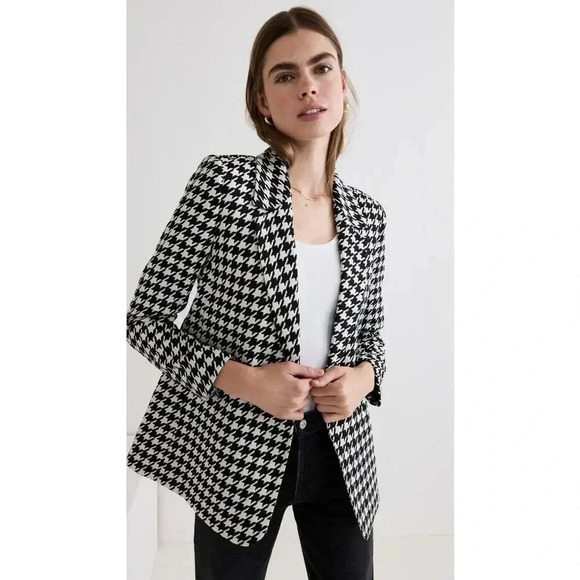 Anine Bing Madeline Black White Houndstooth Double Breasted Blazer Jacke…